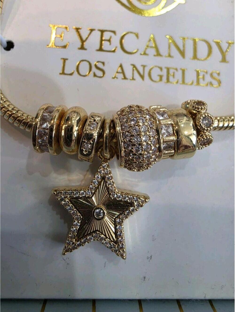 EYECANDY LOS ANGELES Gold Tone Snake Chain Bracelet with Star Dangle Charm, CZ - Picture 3 of 3